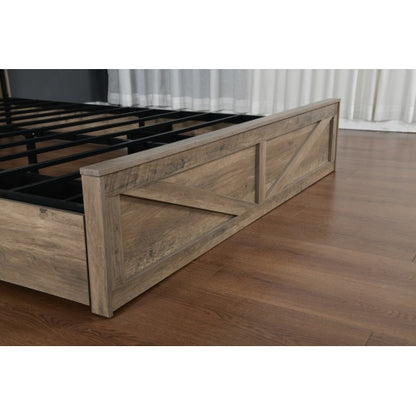Farmhouse Bed Frame Queen Size with LED Lights and Charging Station, Wooden Queen Bed with 2 Storage Drawers, Rustic Headboard with Sliding Barn Door Storage Cabinets