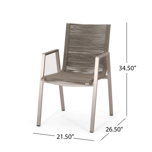 Outdoor Modern Aluminum Dining Chair with Rope Seat (Set of 2), Silver and Taupe