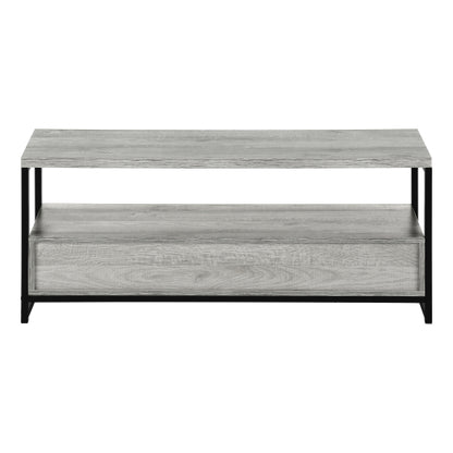 48 Inch Grey Wood Grain TV Stand with Black Metal Frame Dual Open Layers & 2 Drawers