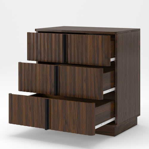 Walnut Vintage Nightstand, 25.39inch Vertical Stripe Cabinet with 3 Drawers