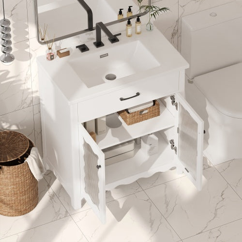 31" Bathroom Vanity with Tempered Glass, Modern Bathroom Cabinet with Rubber Wood legs and Soft close Doors, White