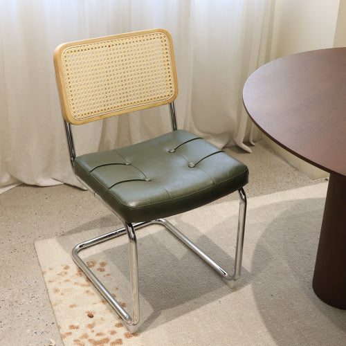 Set of 2 Dark Green Faux Leather Rattan Cantilever Dining Chairs, Chrome Tubular Steel Breuer Frame Stackable Side Chairs
