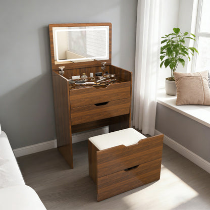 Walnut 3-in-1 Flip-Top LED Vanity Desk 23 inch L, HD Shatter Resistant Mirror & Storage Stool