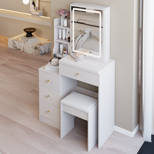 29.2inch  Small Size Left Bedside Cabinet LED Mirror Vanity Table + Cushioned Stool, Large Sliding, Touch Control, 3-color Switch, Brightness Adjust Mirror, High Capacity Storage, EPA, GCC, UL Certificate