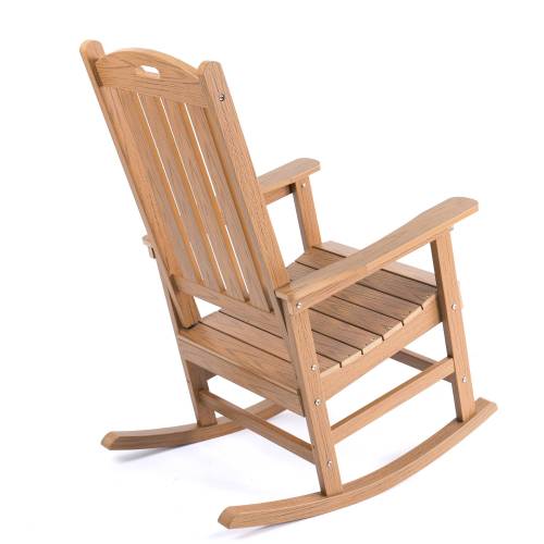 Rocking chair teak color, suitable for all seasons: Outdoor lounge chair, made of sturdy HIPS material, equipped with 304 stainless steel accessories.