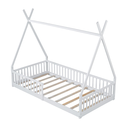 Twin Size Wood House Bed with Fence, White