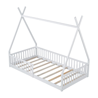 Twin Size Wood House Bed with Fence, White