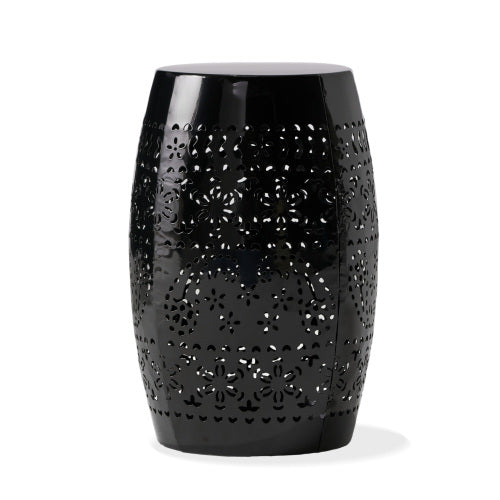 RUBY Side Table, Lace Cut Metal End Table for Outdoor & Indoor Use, Barrel Shape Accent Table with No Assembly Needed for Garden, Patio, Living Room, Backyard Decor,Black Color