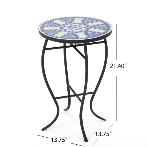 Outdoor Round Side Table with Mosaic-Style Top and Curved Iron Legs, End Table-Blue ,Wihte and Matte Black