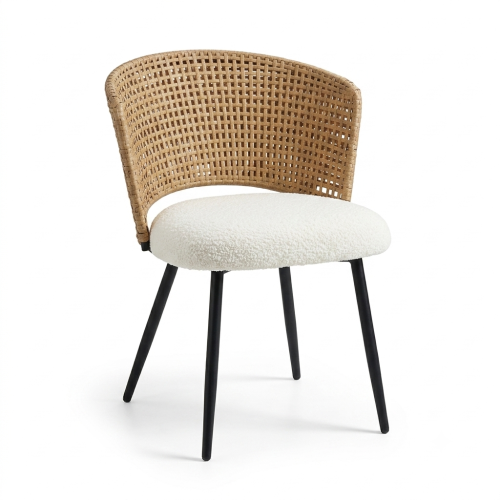 PE Rattan Dining Chairs with Teddy Cushions and Metal Legs, Set of 2, Beige/Brown