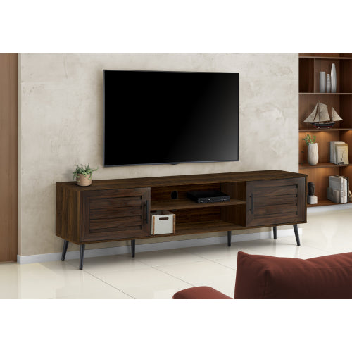 72 Inch Transitional Brown Laminate TV Stand with Black Wood Legs & Dual Storage Cabinets