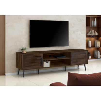 72 Inch Transitional Brown Laminate TV Stand with Black Wood Legs & Dual Storage Cabinets