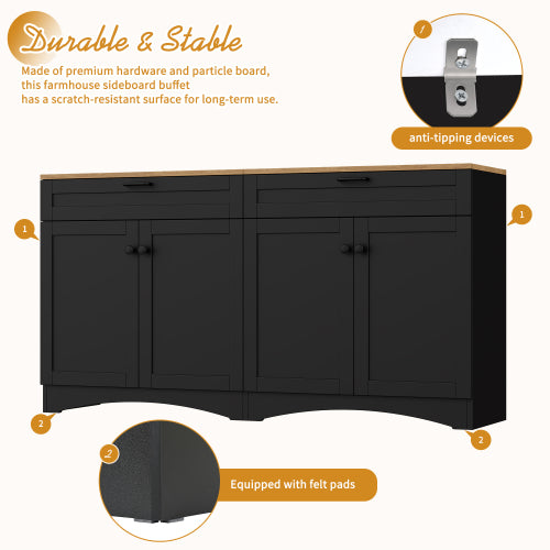 Black Farmhouse Wood Grain Top TV Stand With 2 Drawers For 70 Inch TV