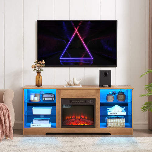 Oak 58 inch TV Stand with Electric Fireplace, LED Lights and Storage