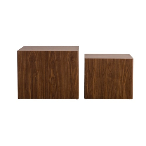 2-Piece Walnut Nesting Cube Coffee Table Set, MDF Wood Grain Side Tables Fully Assembled for Small Spaces