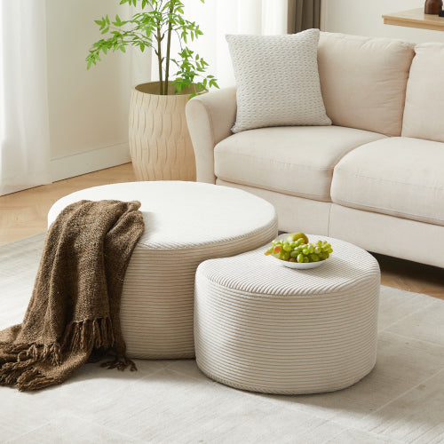 Nesting Coffee Table Set of 2 Upholstered Round Foam Ottoman Side Tables No Assembly