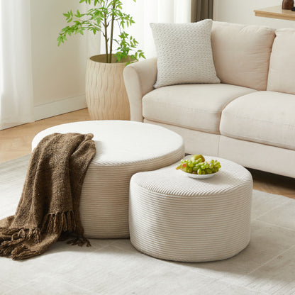 Nesting Coffee Table Set of 2 Upholstered Round Foam Ottoman Side Tables No Assembly