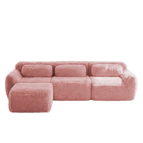 Pink L-Shaped Plush Boneless Modular Sofa, Movable Ottoman, 32D Sponge, No Assembly