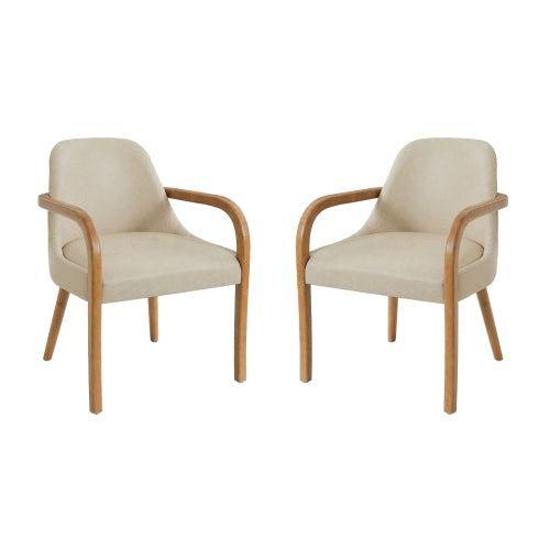 Set of 2 Mid-Century Khaki PU Dining Arm Chairs, Rubber Wood Legs, 250 lbs Capacity