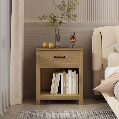 Wood Nightstand with Drawer and Open Shelf, Modern Bedside Table with Storage, Wooden End Table for Bedroom, Living Room or Apartment, Natural Finish, Brown
