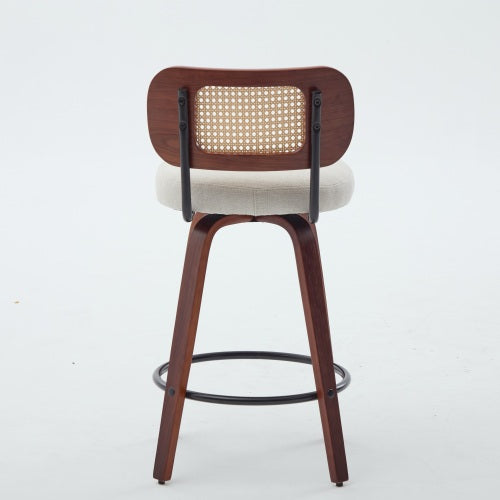 Set of 3, 26-Inch Counter Height Bar Stools - Walnut Black, Cane Rattan Back, Beige Linen Upholstered Seat, Swivel Design for Kitchen Island/Bar/Counter