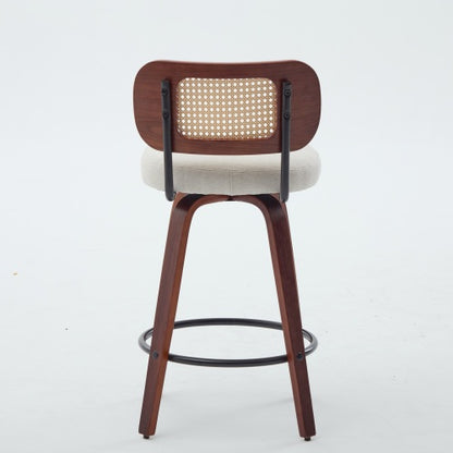 Set of 3, 26-Inch Counter Height Bar Stools - Walnut Black, Cane Rattan Back, Beige Linen Upholstered Seat, Swivel Design for Kitchen Island/Bar/Counter
