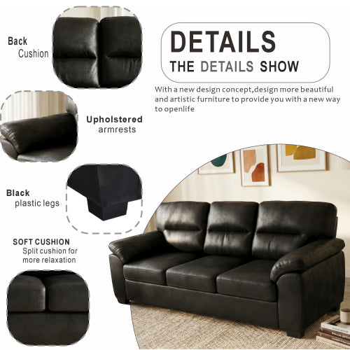 81 inch  Black 3-Seater Retro Foil-Fabric Sofa,Padded Armrests,Black Triangle Legs