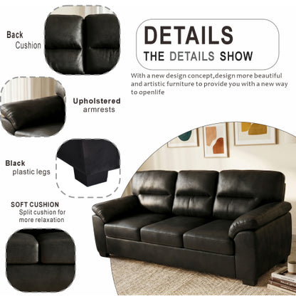 81 inch  Black 3-Seater Retro Foil-Fabric Sofa,Padded Armrests,Black Triangle Legs