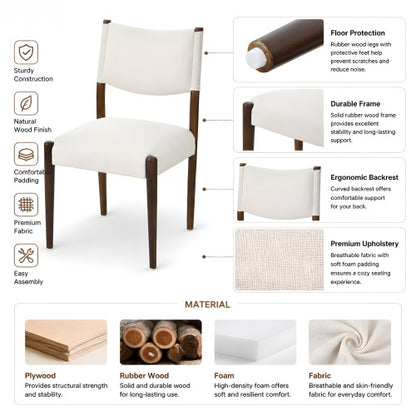 Set of 2 Walnut Beige Fabric Dining Chairs, Solid Rubber Wood Legs 300 LBS Capacity