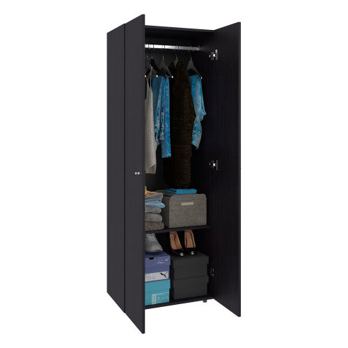 Home 2 Doors Closet System Armoire, Hanging Rod and Storage Shelf, Modern Armoire for Bedroom Organization Storage, Black