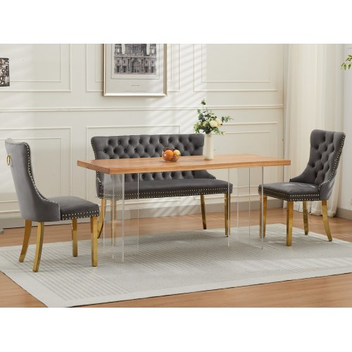 Velvet Double Dining Loveseat Bench, Kitchen & Dining Seating, 2-Seat Tufted Bench w/Handmade Buttons, Wing Back, Gold-Plated Steel Legs, Mid Century Modern,Single Pack,Gray,