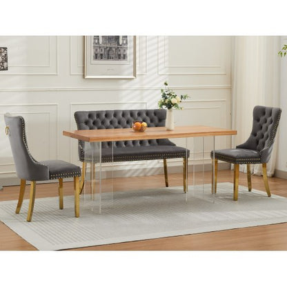 Velvet Double Dining Loveseat Bench, Kitchen & Dining Seating, 2-Seat Tufted Bench w/Handmade Buttons, Wing Back, Gold-Plated Steel Legs, Mid Century Modern,Single Pack,Gray,