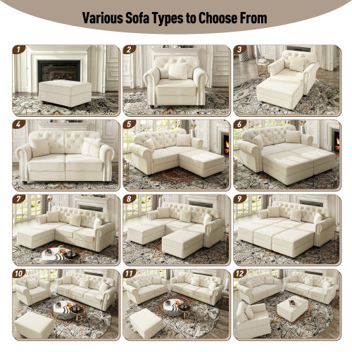 41.3 inch  Beige-White Mid-Century Velvet Sofa,Nailhead Trim,Button Tufting,1 Pillow