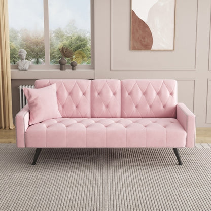 72-Inch Pink Velvet Convertible Sofa-Bed with Nail-Head Trim Dual Cup-Holders for Small-Space Living-Room