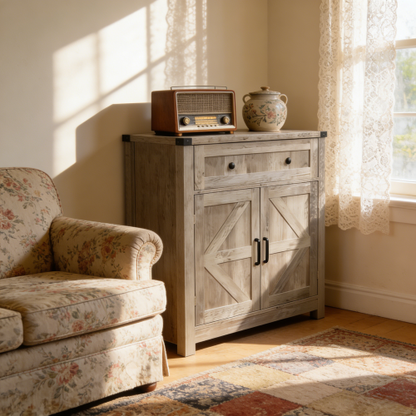 Light Gray-Washed Wood Farmhouse Barn-Door Storage Cabinet, Coffee Bar Buffet Sideboard with Drawer for Kitchen & Living Room