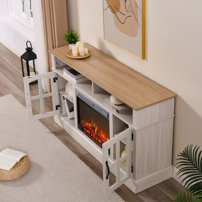 58" Fireplace TV Stand, Entertainment Center with 23" Electric Fireplace, TV Table for TVs up to 70 Inch, Media Console Cabinet with Storage and Glass Doors for Living Room