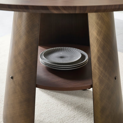 Retro Round Dining Table with Storage Layer, Walnut