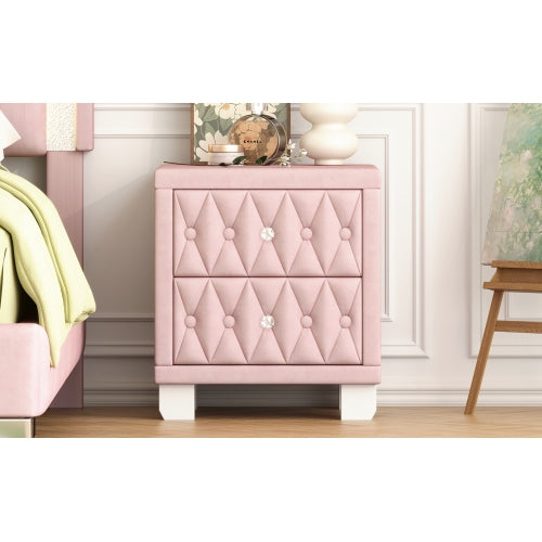 Elegant Velvet Nightstand with 2 Drawers and Crystal Handle, Storage Bedside Table with Button-Tufted, Pink