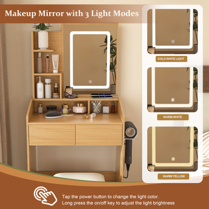 Vanity Table with LED-Illuminated Mirror, Power Outlet, Hairdryer Holder & Stool ¨C Compact Dressing Desk for Small Bedrooms(Wood)