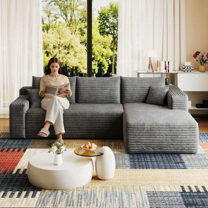 95-Inch Dark-Grey Plush Corduroy U-Shaped Cloud Modular Sectional Deep-Seat Corner Sofa No-Assembly for Living-Room