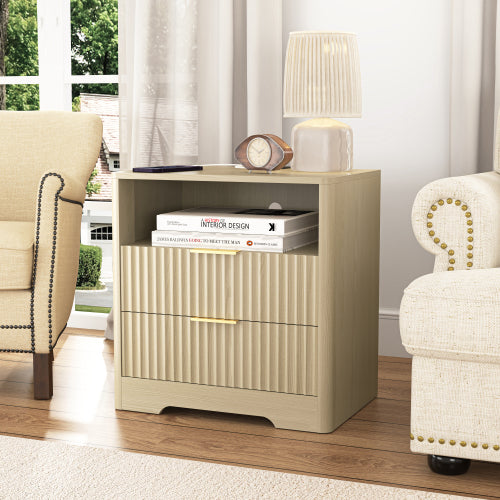 Wood Smart Nightstand, 7-Color Voice Control Night Light & Built-In Charging Station