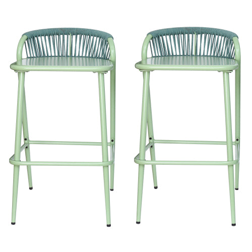 Outdoor 29" Seat Height Aluminum Frame Barstools with Rope-woven Scallop-shaped Backrest, Set of 2, Sage