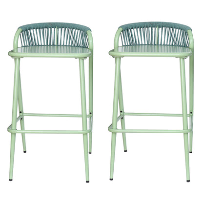 Outdoor 29" Seat Height Aluminum Frame Barstools with Rope-woven Scallop-shaped Backrest, Set of 2, Sage