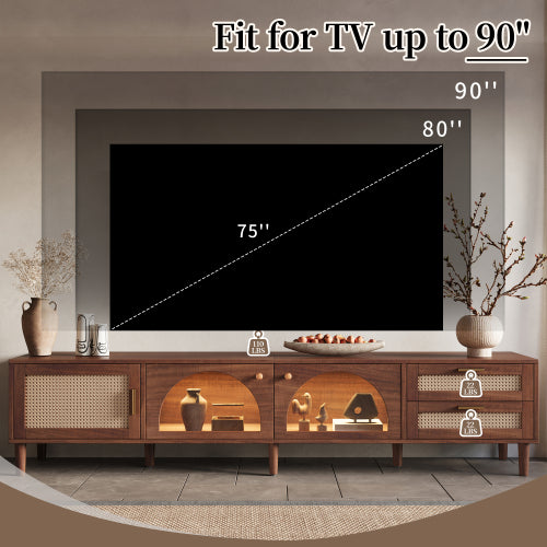 86 inch TV Stand for TVs Up to 90 inch, Rattan Media Console with LED Lights, Drawers & Glass Storage