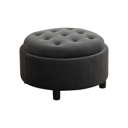 29.33 inch Grey Fleece Round Storage Ottoman, Hand Buckle Decor Reversible Lid Footstool, 300 LBS