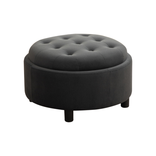 29.33 inch Grey Fleece Round Storage Ottoman, Hand Buckle Decor Reversible Lid Footstool, 300 LBS