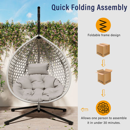 U_STYLE Sturdy Hammock Chair with Stand, Durable Hanging Egg Chair with Rattan Weaving ,Comfortable Indoor Outdoor Swing chairs with Soft Removable Cushion,Suitable for Balcony, Bedroom,or Garden