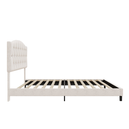 Upholstered Platform Bed with Saddle Curved Adjustable Headboard and Diamond Tufted Details,Wooden Slats and Metal Support, No Box Spring Needed,Queen, Beige