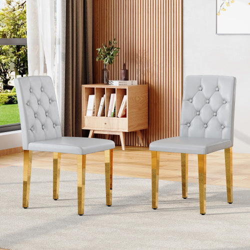 Set of 2 Light Grey PU Dining Chairs, Ergonomic Buckle Backrest, Gold Metal Legs, 35 inch  High