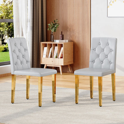 Set of 2 Light Grey PU Dining Chairs, Ergonomic Buckle Backrest, Gold Metal Legs, 35 inch  High